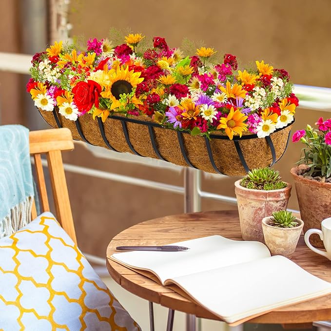 Tessco for you 6 Pieces Railing Planter Boxes, 30 Inches Window Box Planters with Coco Liner and Adjustable Brackets for Deck Porch Fence Patio Balcony Gardening Outdoor Plants
