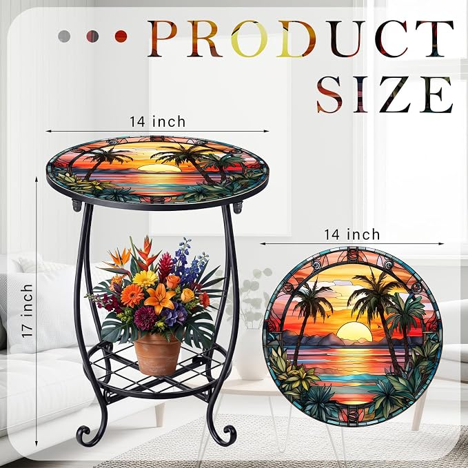 Cinnvoice Outdoor Side Table Round Small Mosaic Patio Accent Indoor End Plant Coffee Tea Table for Yard Patio Porch Garden Living Room, Bedroom(Palm Tree Style,14 Inch)