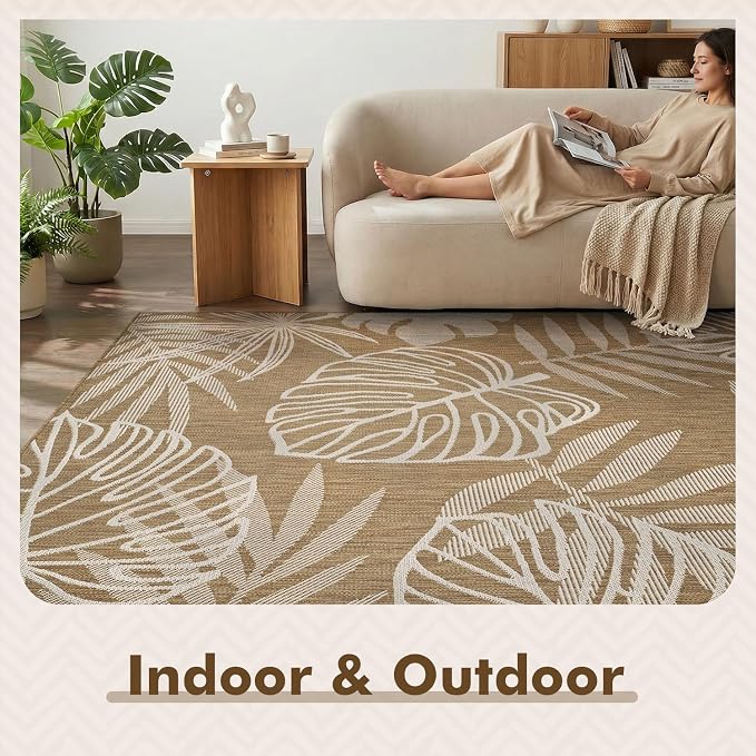 MontVoo-Outdoor Rug-Patio Rug 6x9 ft Polypropylene Indoor Outdoor Rugs Outdoor Carpet for Patio Deck Balcony Porch, Textured Weave, Durable for High Traffic, Fade-Resistant, Tropical Neutral Brown