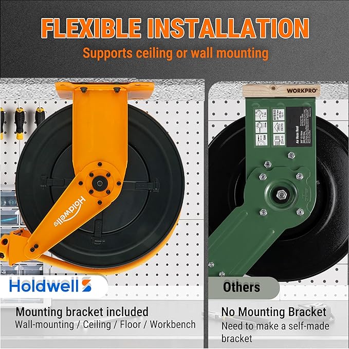 Retractable Air Hose Reel, 3/8" x 65FT Hybrid Air Hose, 300PSI Max, Auto-Rewind & Length-Lock, 1/4" NPT Fitting, Ceiling/Wall Mount Heavy Duty Dual Arm Steel Reel for Workshop/Garage