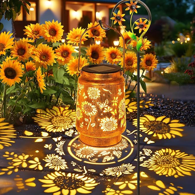 Sunflower Solar Lanterns Outdoor Waterproof, Birthday Gifts for Women Mom Grandma, Metal Hanging Lantern Solar Lights LED Decoration with Shepherd Hook Outside for Yard, Patio, Porch, Garden Decor