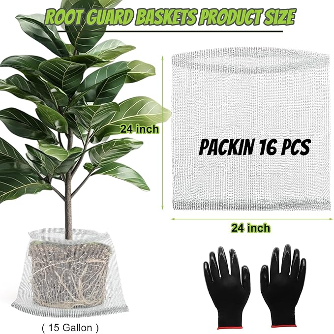16 Pcs Root Guard Gopher Proof Stainless Steel Wire Baskets, 15 Gallon Mesh Root Protection for Gophers Moles Voles, Planting Baskets for Roots Tubers Bulbs Trees Flowers (24" x 24")