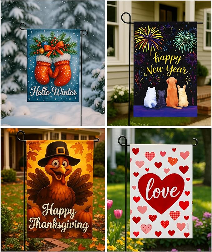Premium 12 Pack Seasonal Garden Flags Set 12x18 Inch Double Sided, Burlap Outdoor Yard Flags for Spring, Summer, Fall, Winter, Easter, Mother’s Day, Valentine’s, St. Patrick’s, 4th of July, Halloween, Thanksgiving, Christmas