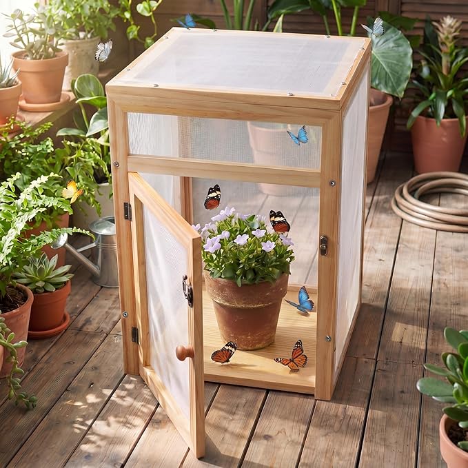 Bucherry Wooden Butterfly Habitat Cage Kit Monarch Caterpillar Enclosure with Mesh Tent & Wood Frame, Detachable Insect Observation House for Kids Outdoor Garden(15.7")