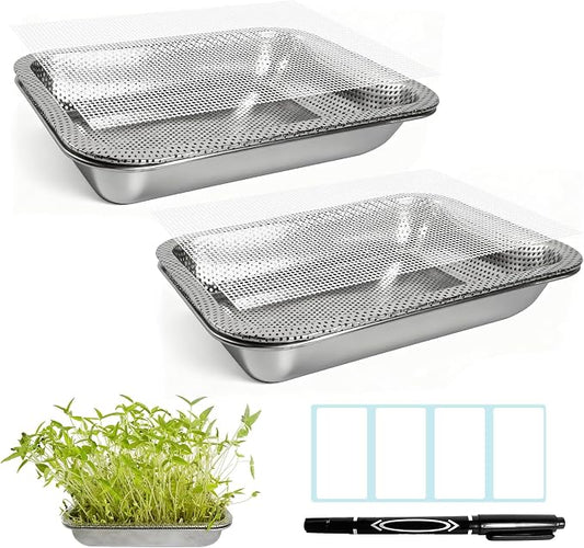 2 Pack Stainless Steel Seed Sprouter Trays, 2-Tier Soil-Free Microgreens Growing Kit, Rust-Free Sprouting Tray with Mesh Pads for Sprouts Beans Alfalfa Wheatgrass (10.6" x 7.9" x 1.9")