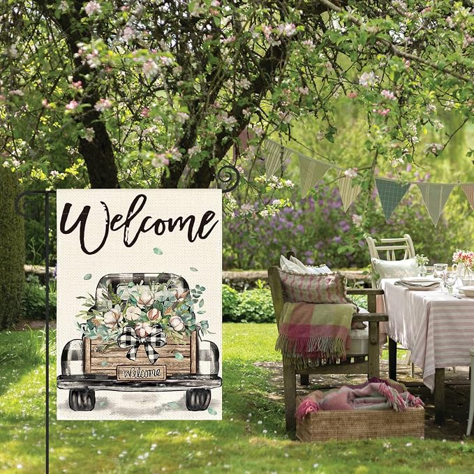 AVOIN colorlife Welcome Spring Truck Garden Flag 12x18 Inch Double Sided, Cotton Rustic Buffalo Plaid Yard Outdoor Flag