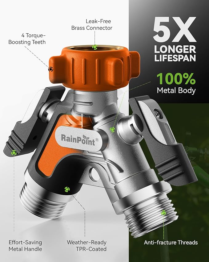 RAINPOINT Garden Hose Splitter 2 Way, All Metal Heavy Duty Water Hose Y Splitter With 2.05" Extra Long Side Handle & Shut Off Valves, 3/4 Inch GHT Thread Connector For Outdoor Spigot Faucet (Orange,2)