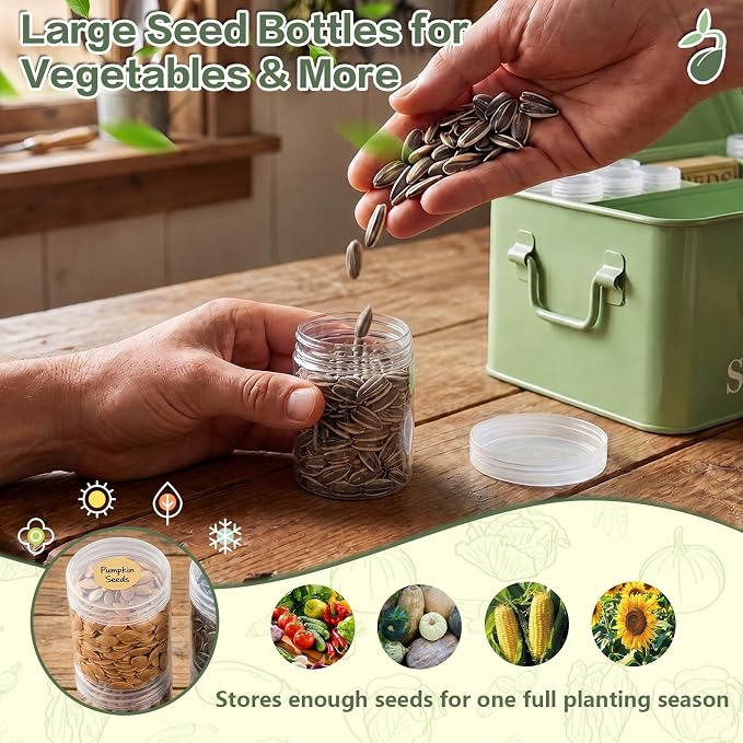 Seed Storage Organizer,Seed Storage Box with Strap,10 Large Seed & 30 Small Bottles,70 Label,60 Seeds Envelopes,4 Compartments Seed Organizer with Dual Safety Locks,Ideal for Garden Flower Plants