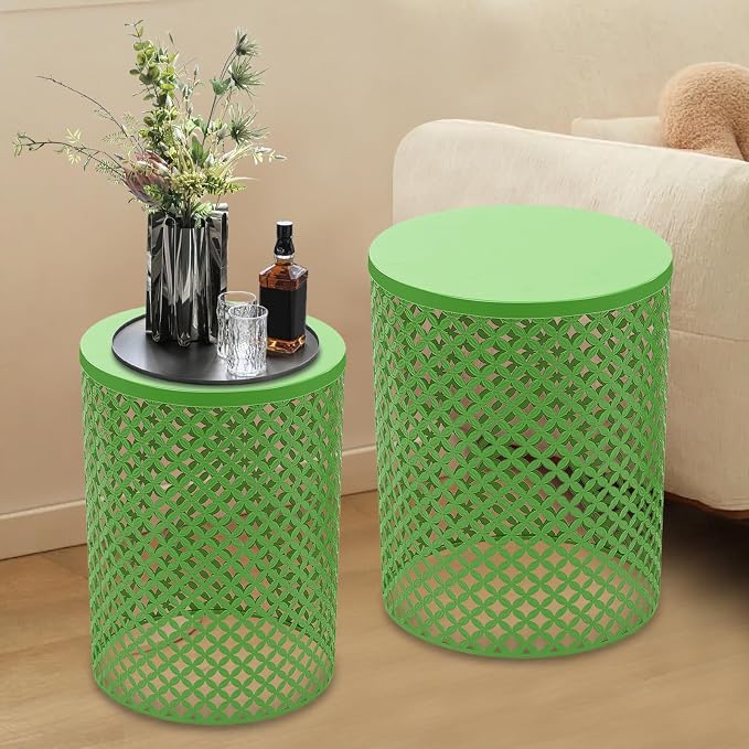 Metal Frame Accent Table,Cylindrical Outdoor Side Table,Decorative Garden Stool,Set of 2 Nesting Side Table,Modern Decorative Garden Stool for Patio Balconies Cafes Parks (2, Green)