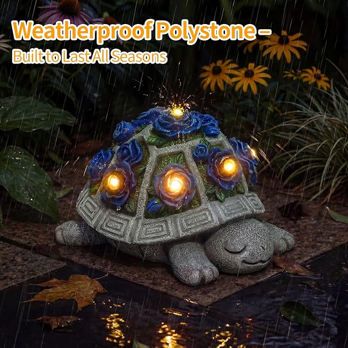 Solar Garden Outdoor Decor Turtle Statue with Dark Blue Roses & 7 LED Lights – Outside Tortoise Decor for Yard Patio Balcony & Backyard - Home House Decoration Art - Gift for Men Dad Women Mom