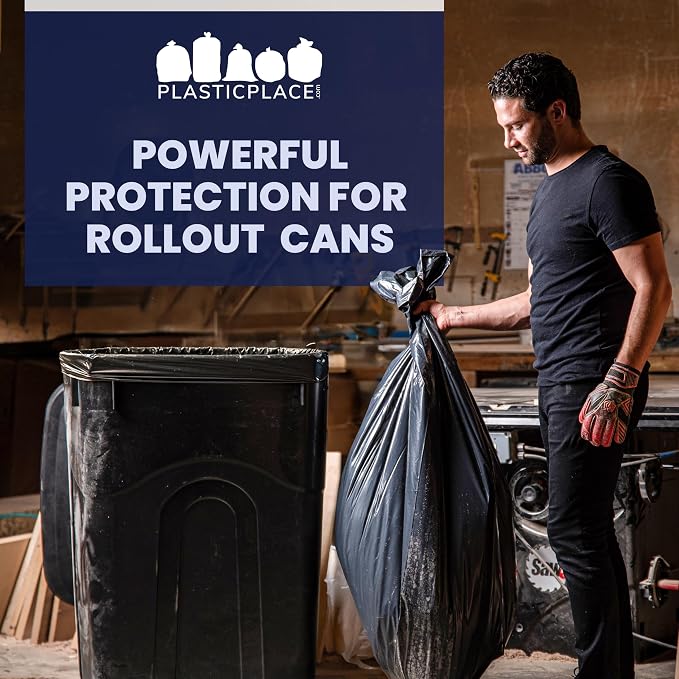 Plasticplace 64-65 Gallon Trash Can Liners for Toter │ 1.2 Mil │ Black Heavy Duty Garbage Bags │ Rolls │ 50” x 60” (100 Count)