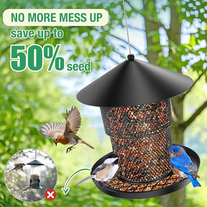 Bird Feeder for Outdoor Hanging, No Mess No Spill - Birdfeeder for Outdoor, Squirrel Proof Bird Feeder w/Catch Tray - Large Capacity All-Metal for Outside Hanging