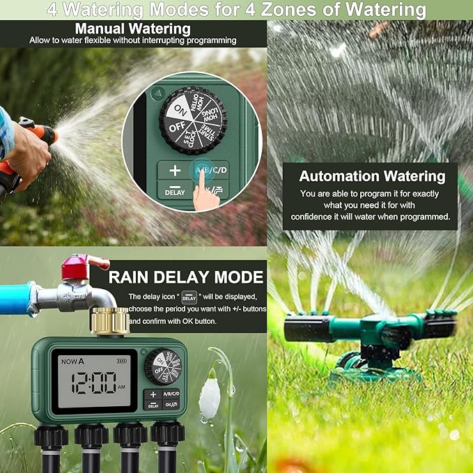 Water Timer for Outdoor Garden Hose, Sprinkler Timer for Garden Faucet with Auto/Manual/Rain Delay Mode, Sprinkler Irrigation Controller for Yard Lawn (4 Zones Brass Inlet)