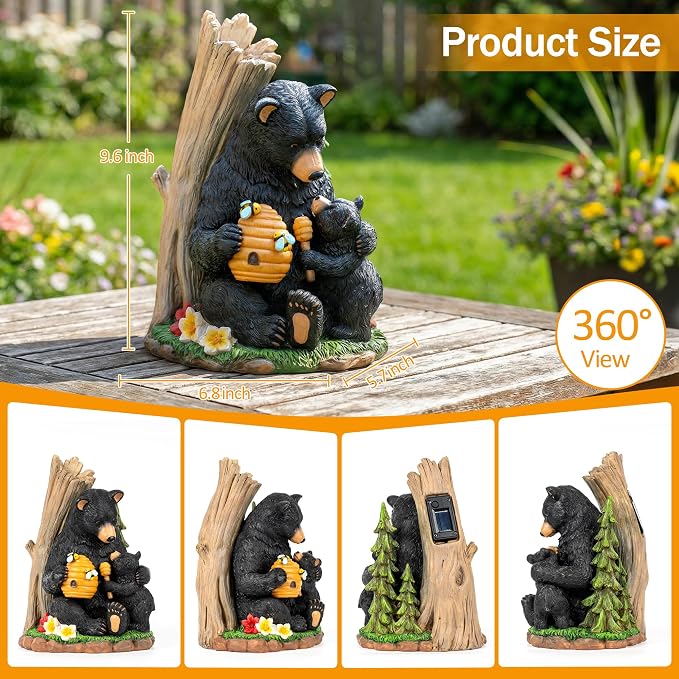 C&Y&G&X Solar Black Bear Garden Statue with Light-Up Beehive & Honey Dipper, Outdoor Resin Animal Sculpture Yard Art Decor for Patio, Lawn, Porch, and Housewarming Gift