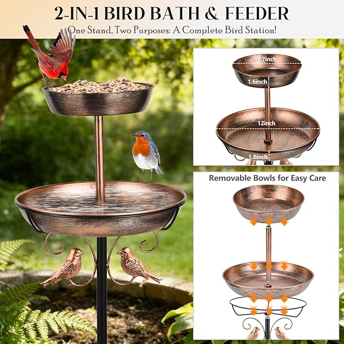 43" 2-Tier Metal Bird Bath and Feeder for Outdoor, 12" and 8" Dia Double Removable Bowl Bird Baths for Outside Standing Vintage Birdbath with Two Bowl Feeder, Garden Patio Lawn Decor