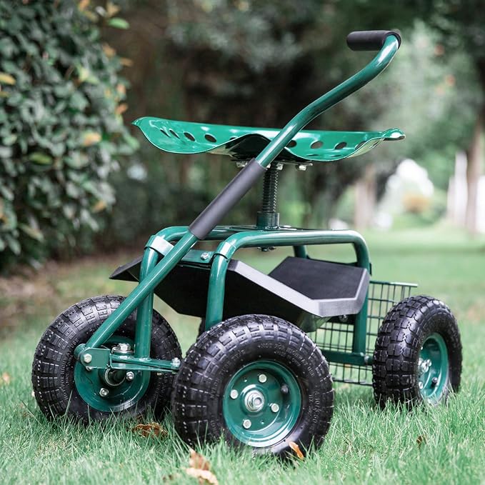 Garden Stool Cart Rolling Work Seat Outdoor Storage Basket Scooter for Adjustable 360 Degree Swivel Seat Green