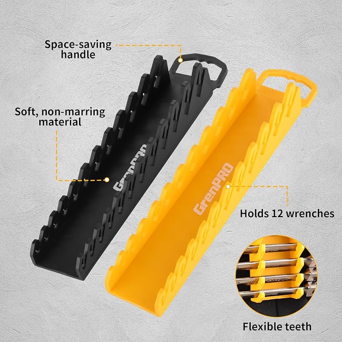 GRENPRO Wrench Organizer for Tool Box, 2 Pack Magnetic Wrench Holders with Handle, SAE & Metric Wrench Rack for Tool Box Drawer Storage