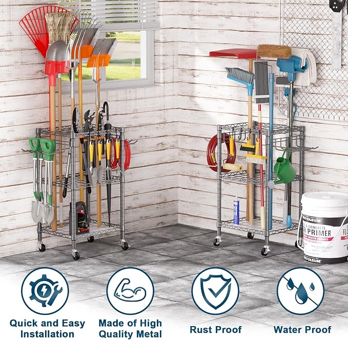 T1 Garden Tool Organizer（with Lockable Wheels） Heavy Duty Garage Tool Storage for Yard，Shed，Outdoor and Lawn，Freestanding Tool Organizers and Storage UP to 50 Tools，Grey with Anti-Tip Device