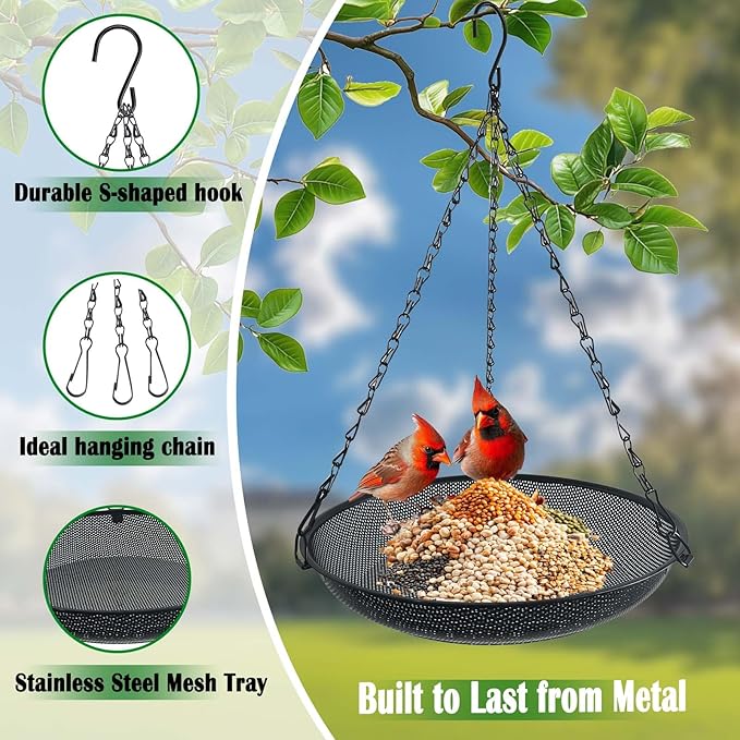 Hanging Platform Bird Feeder, 12 in, Black | Metal Mesh Seed Tray, For Wild Birds, Outdoor Use