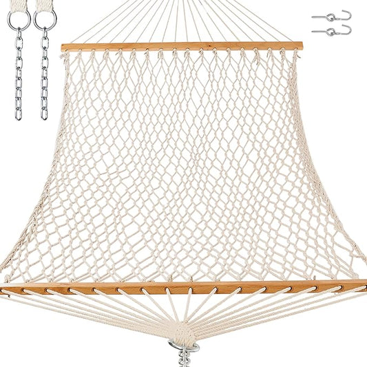 GAFETE Single Rope Hammocks for Outside, Traditional Hand Woven Cotton Hammock with Hardwood Spreader Bar, Max 450 lbs Capacity (Natural Beige, Small)