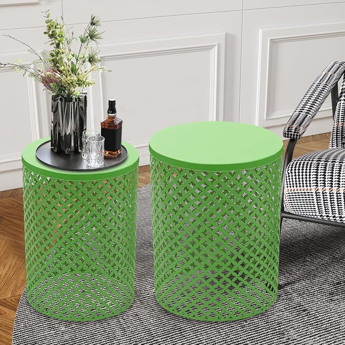 Metal Frame Accent Table,Cylindrical Outdoor Side Table,Decorative Garden Stool,Set of 2 Nesting Side Table,Modern Decorative Garden Stool for Patio Balconies Cafes Parks (2, Green)