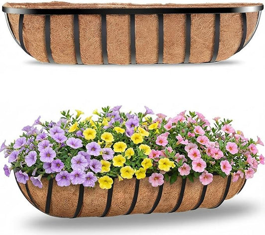 HFHOME 30" Deck Railing Planter Box with Horse Trough Coco Liners, Black Window Box Metal Hanging Flower Planters Baskets for Indoor, Outdoor, Balcony, Porch, Fence, Patio, and Lawn (Set of 2)