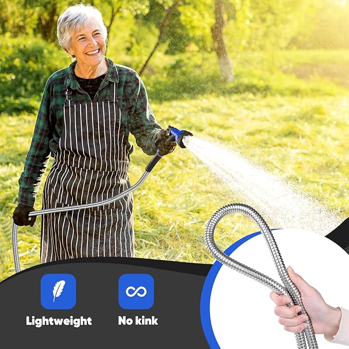 Garden Hose 100 ft, Stainless Steel Metal Hose, Flexible Water Hose with 10 Function Nozzle, Kink Free, Leak-Proof, Heavy Duty Hose for Yard, Outdoor, Lawn, RV, Car Wash and Camper Use (100FT)