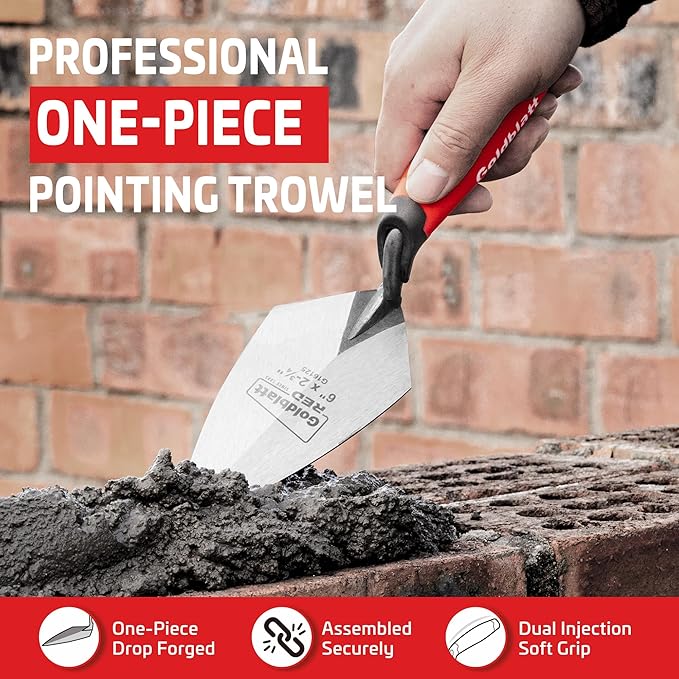 Goldblatt RED Pointing Trowel, 6" x 2-3/4" Upgraded Ground Blade, Professional Masonry Tools, Heavy Duty One-Piece Forging, Durable High Carbon Steel, Soft Handle, for Spreading Mortar, Repairing Gap