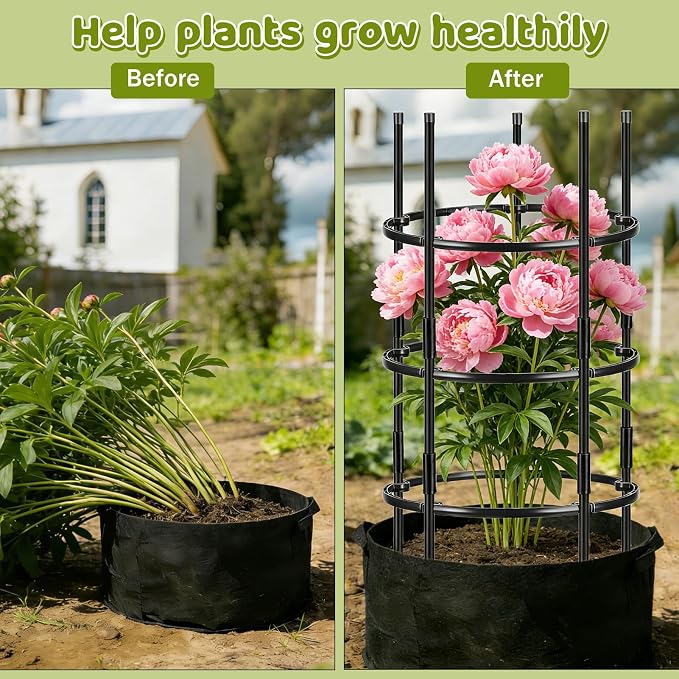 19.5" D x 39" H Peony Plant Support Cage, 3 Tier Stackable Plant Support Ring, Metal Core with PVC Coated Stakes, Garden Plant Support for Peonies Tomatoes and Climbing Plants