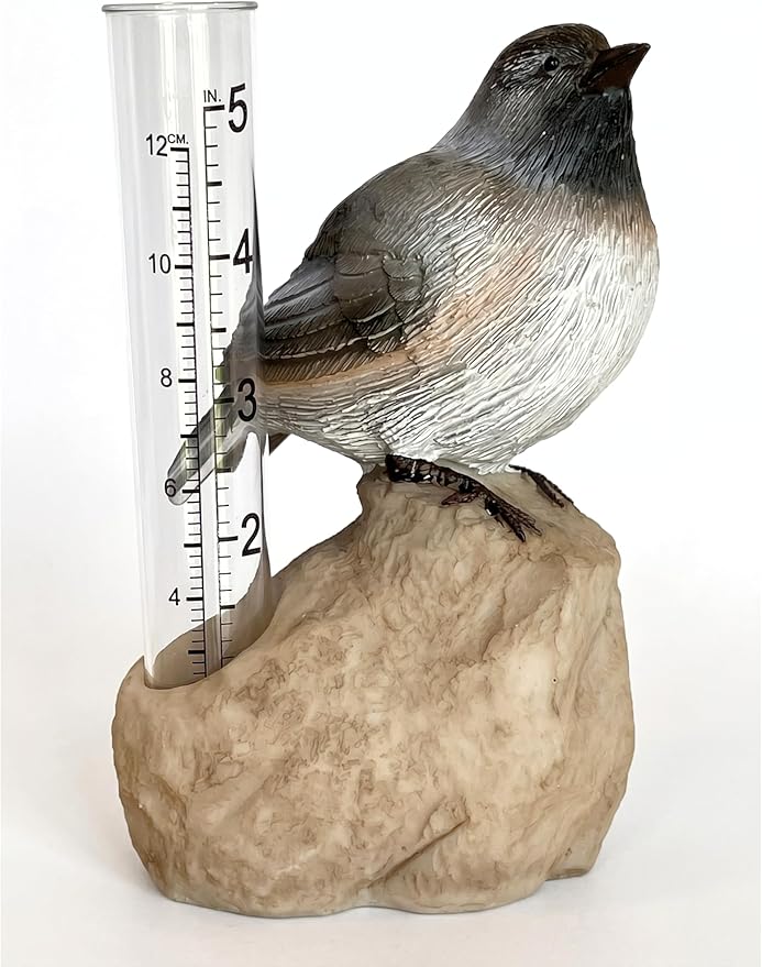 Gift Essentials Chickadee Decorative Rain Gauge Outdoor - Resin Bird Figurine on Rock Base - Removable Tube Measures Up to 5 Inches of Rainfall - Garden Decor Gift
