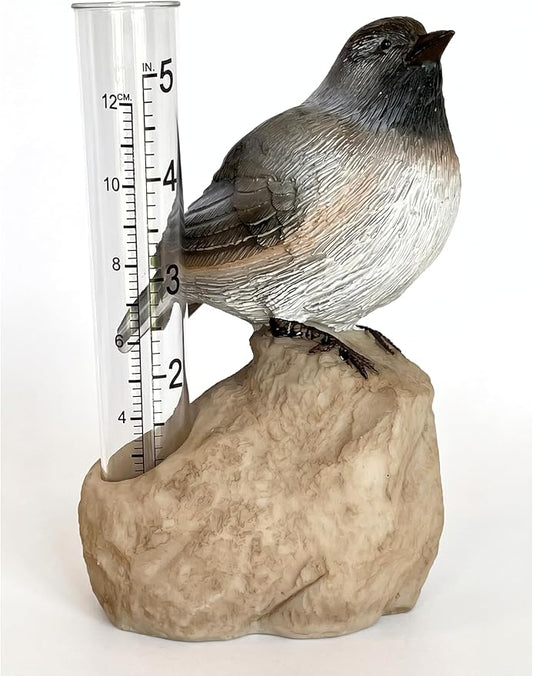 Gift Essentials Chickadee Decorative Rain Gauge Outdoor - Resin Bird Figurine on Rock Base - Removable Tube Measures Up to 5 Inches of Rainfall - Garden Decor Gift