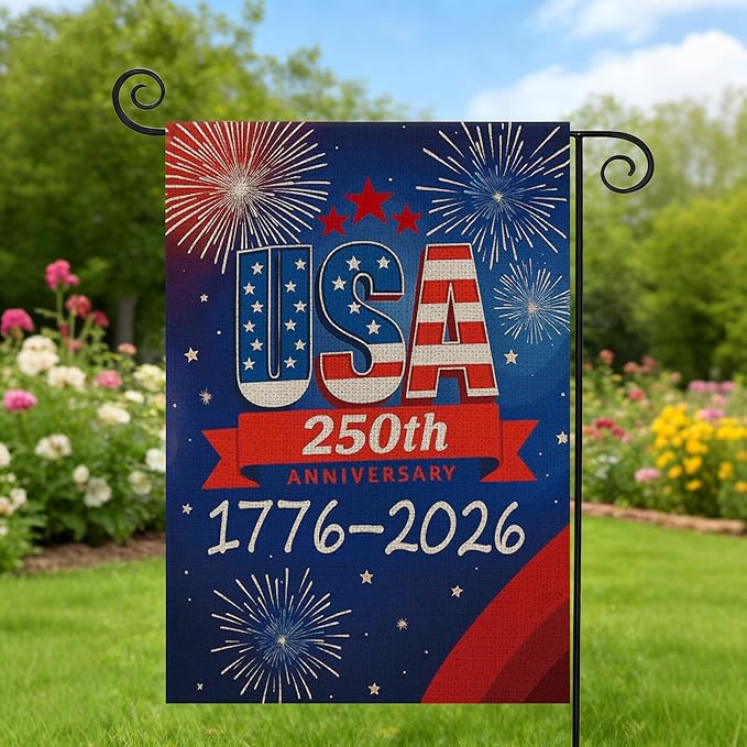 250 Anniversary Usa Garden Flags for Outside, 250 Anniversary USA Flag with Fireworks Design, 1776-2026 Patriotic 4th of July Decorations Yard Sign Double-Sided Waterproof Flag 12x18 Inch 250 Year American Flag