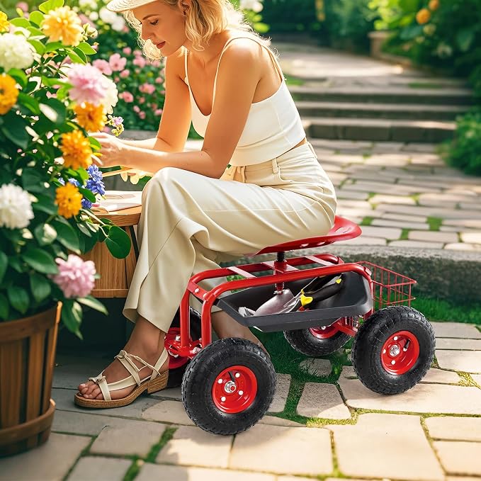 Giantex Garden Workseat, 360 Swivel Rolling Seat with Wheels, Tools Basket, Gardening Cart with Seat, Adjustable Height, Wagon Scooter for Patio Lawn Yard, Outdoor Steerable Stool (Red)