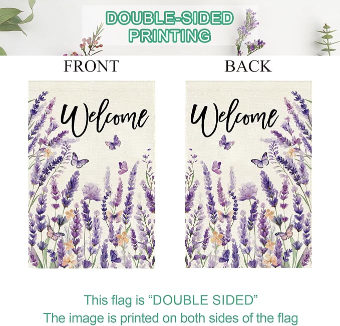 Baccessor Spring Lavender Welcome Garden Flag 12.5 x 18 Inch Double Sided Purple Floral Flower Butterfly Farmhouse Small Burlap Yard Flag Holiday Seasonal Outdoor Outside Decoration
