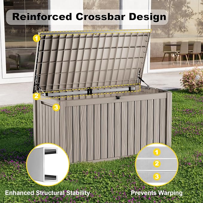 200 Gallon Outdoor Storage Box Waterproof, Resin Lockable Deck Box with Lid, Large Capacity Weatherproof Container for Patio Furniture Pool Accessories, Side Table(Grey, 200 Gallon)