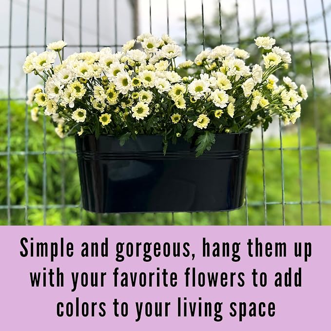 LaLaGreen Outdoor Plants Rail Planter (15 Inch, 4 Pack) Black Metal Iron Hanging Flower Pots Deck Railings Fence Balcony Buckets Modern Boho Style Window Box Plant Holder Hooks Porch Home Garden Decor