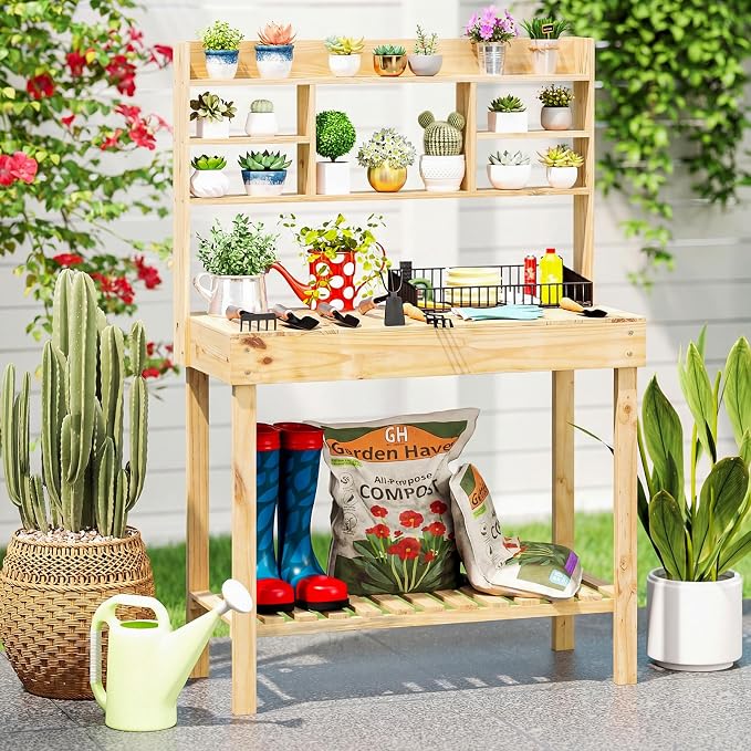 Giantex Potting Bench, Outside Solid Wood Potting Table with Flip-up Tabletop, Shelves, Indoor Outdoor Wooden Workbench for Patio Porch Balcony, Potted Plant Display Rack, 42"x18"x60", Natural
