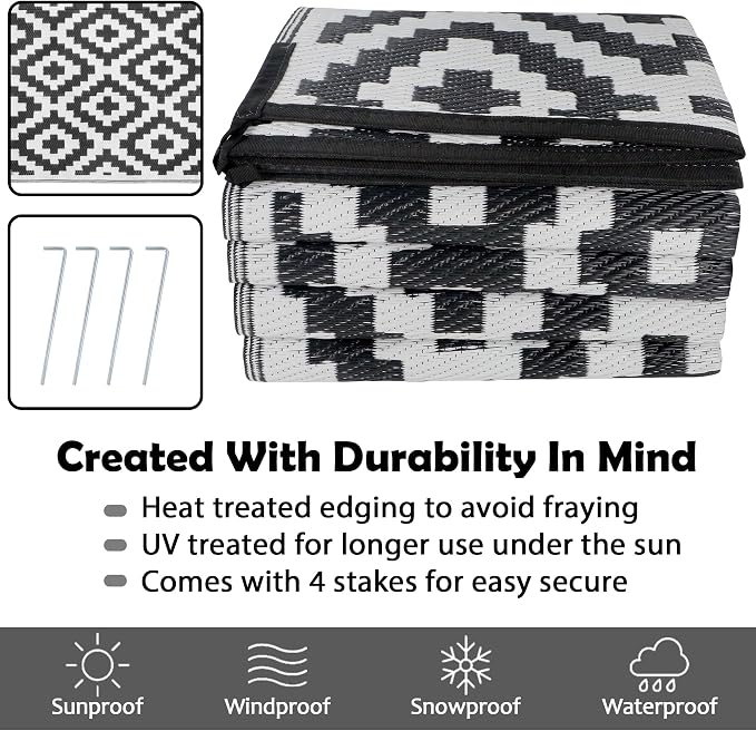 SAND MINE Waterproof Outdoor Rug 8x10 ft, Plastic Reversible Rug, Modern Area Rug, Large Floor Mat for Outdoors, RV, Patio, Backyard, Deck, Picnic, Beach, Camping (8' x 10', Black & White Lattice)