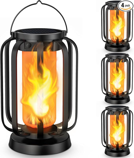 Hompavo Gen2 Solar Lanterns Outdoor Lights with Ultra-Real Flame, 2 Charging (USB/Solar) & 4 Modes - Waterproof Decorative Hanging/Table Lights for Pathway Yard Patio Garden Decor Gifts for Women, 4