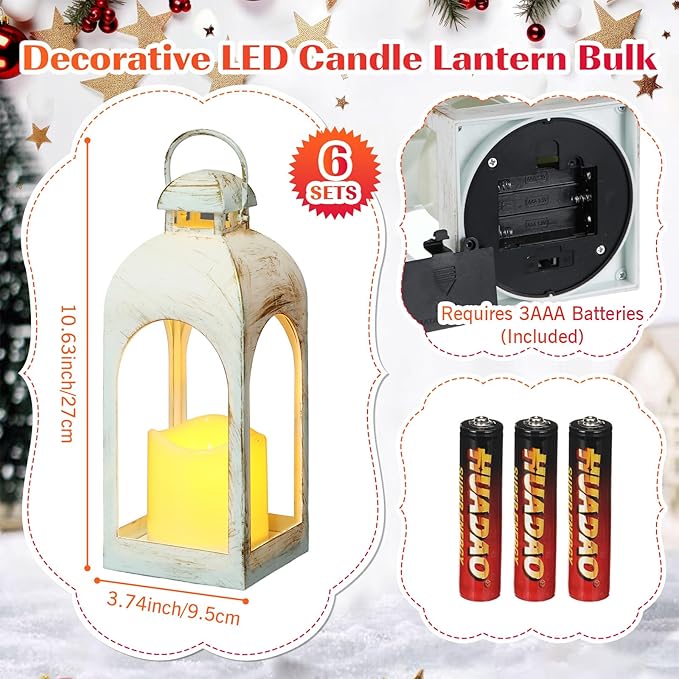 Tujoe 6 Pcs 10 Inch Decorative Candle Lantern Bulk for Wedding Centerpieces Lanterns with LED Flameless Candle Indoor Outdoor Hanging Lights for Wedding Party, Battery Included (White)