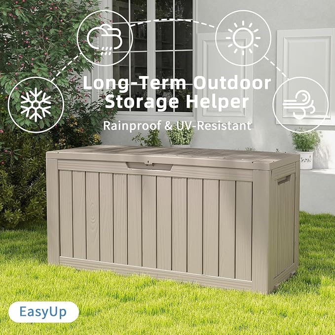 EasyUp 85 Gallon Outdoor Storage Box, Grey | Reinforced Stability, Waterproof & UV-Resistant, Resin Storage Box, Extra Seating, For Patio, Garden & Poolside