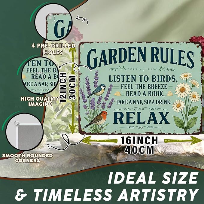 PEACHGARDEN Garden Rules Decor Yard Art Garden Wall Art Decor Vintage Metal Sign Rustic Tin Sign for Patio She Shed Backyard 12x16 inch