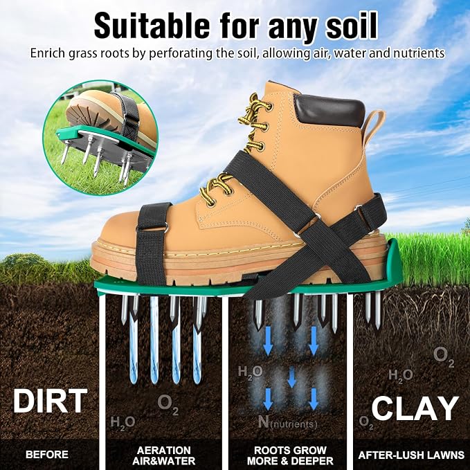 MOFEEZ Lawn Aerator Shoes for Grass - Pre-Assembled Grass Aerator Shoes for Lawn - Soil Yard Aerator Tool for Aerating Patio Garden, Green, Medium