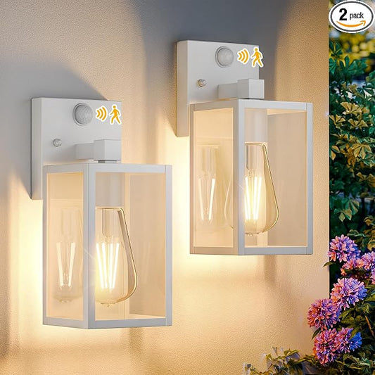 2 Pack White Motion Sensor Outdoor Light Fixtures Wall Mount, Dusk to Dawn Front Porch Lights for House, Exterior Wall Sconce, Waterproof Lantern Lamp,Outside Coach Light for Garage Entryway Yard