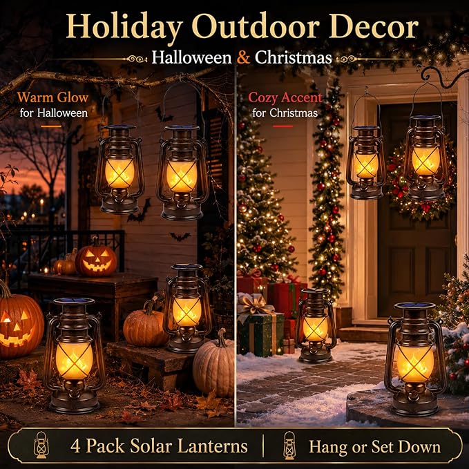 Solar Lanterns Outdoor 4 Pack, Flickering Flame LED Hanging Solar Lights with Handle, Vintage Bronze Solar Powered Lanterns for Patio Porch Garden Yard Pathway Table Camping Halloween Christmas Decor