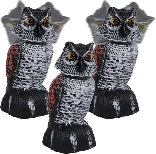 Hausse 3 Pack Bird Scarecrow Mini Fake Owl Decoy Sculpture, 8.26 inch Wagging Head Plastic Small Owl Bird Deterrents, Nature Enemy Horned Pest Repellent for Outdoor Garden Yard