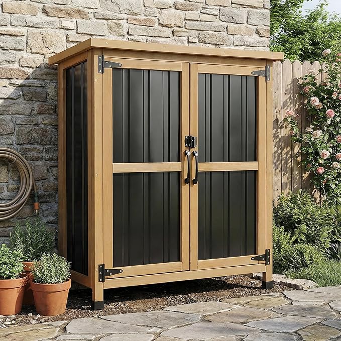 Outdoor Storage Cabinet Waterproof with Shelves, Storage Box with Lockable Doors, Wood & Metal Patio Yard Pool Garden Storage Cabinet Organizer, Gifts for Women Men