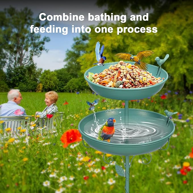 Bird Bath for Outside with 2 Bird Decor, Hummingbird on Pole & Sparrow on Bowl, 38.5 Inch Height Garden Birdbath, 12 Inch Antique Green Freestanding Birdfeeder Bath for Yard Patio