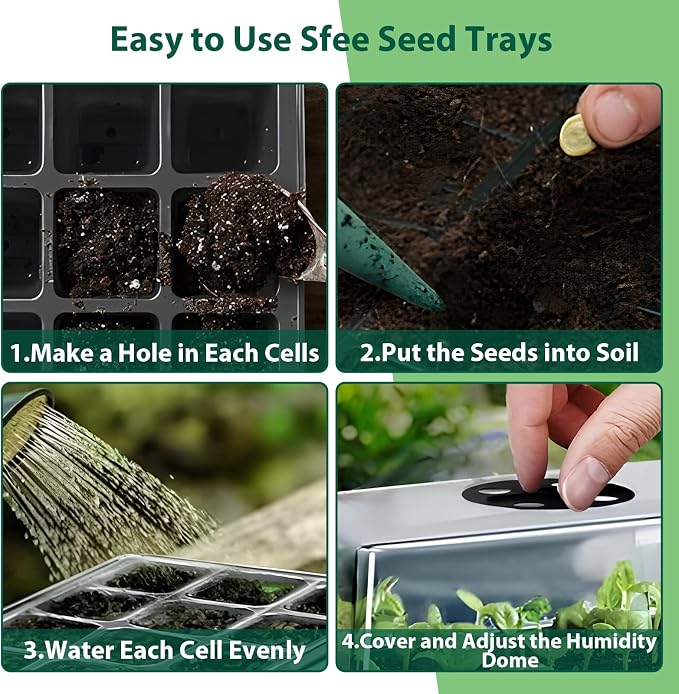 Sfee 5 Pack Seed Starter Tray Kit, 60 Cells Seedling Starter Trays with Humidity Dome and Base Greenhouse Growing Trays, Reusable Seed Germination Seedling Tray with Garden Tools Labels (Black)