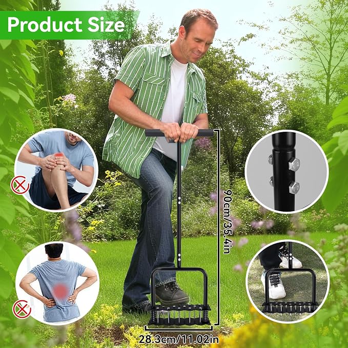 Lawn Aerator, Automatic Dirt and Leaf Clean Design, Heavy Duty Manual Lawn Aerator Tool with 14 Iron Spikes, Soil Lawn Aerating Tools for Yard Lawn and Garden, Aerator Spikes aerating Tool (Black)